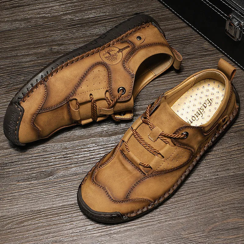 Men's black microfiber casual shoes with round toe design on neutral background