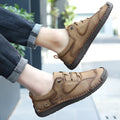 Men's black microfiber casual shoes with round toe design on neutral background