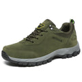 Men's low top outdoor hiking shoes in army green, available in extended UK sizes from 39 to 49.