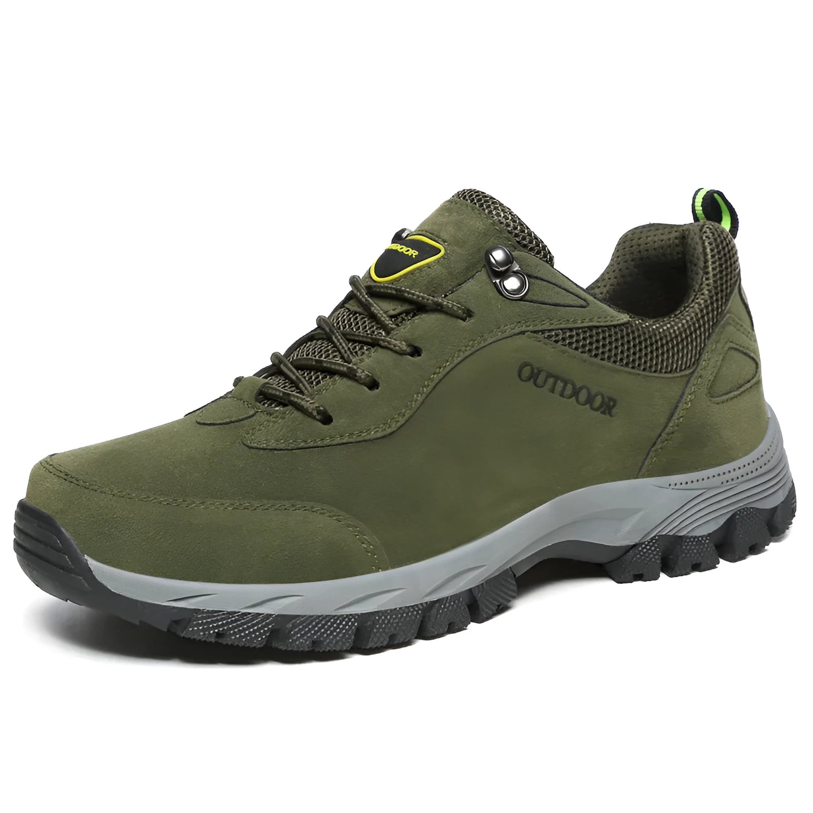 Men's low top outdoor hiking shoes in army green, available in extended UK sizes from 39 to 49.