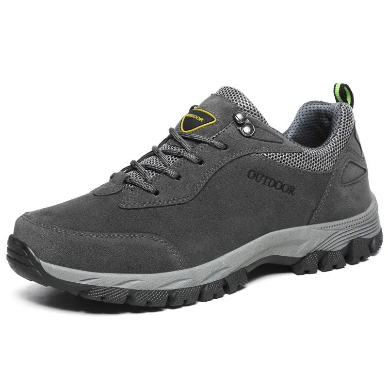 Men's low top outdoor hiking shoes in army green, available in extended UK sizes from 39 to 49.