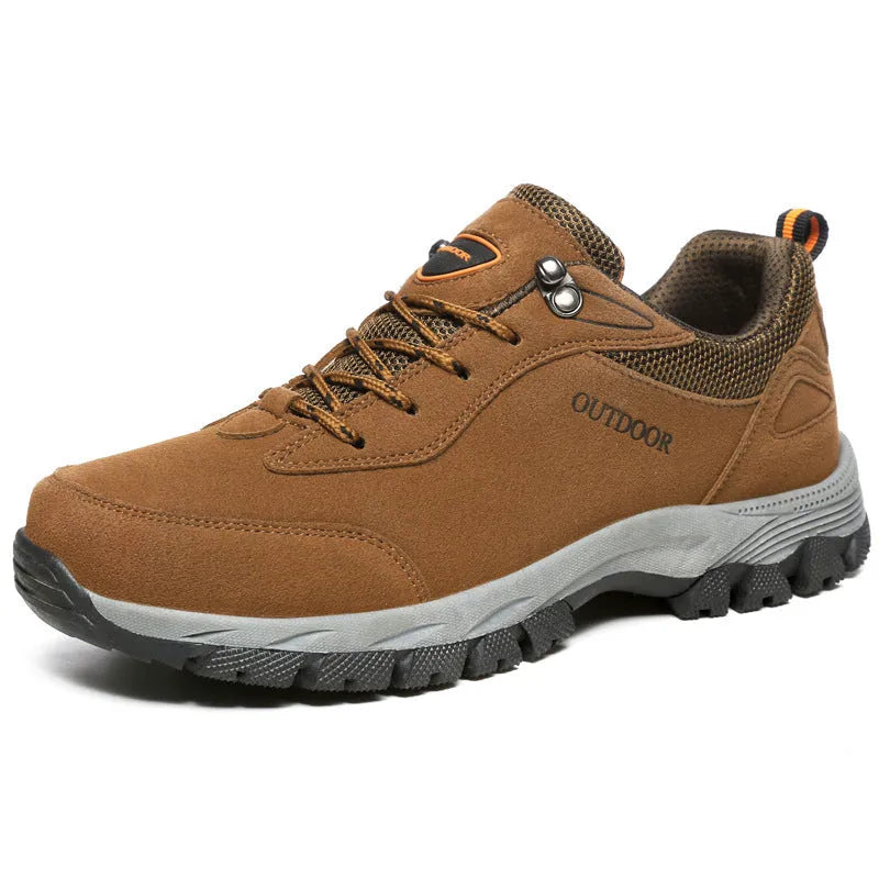 Men's low top outdoor hiking shoes in army green, available in extended UK sizes from 39 to 49.