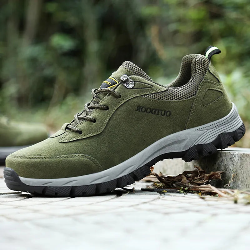 Men's low top outdoor hiking shoes in army green, available in extended UK sizes from 39 to 49.