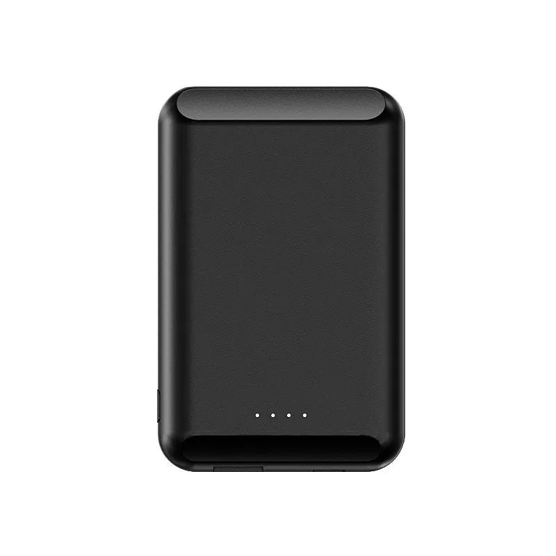A black magnetic wireless power bank with a 5000mAh capacity, shown next to a smartphone.