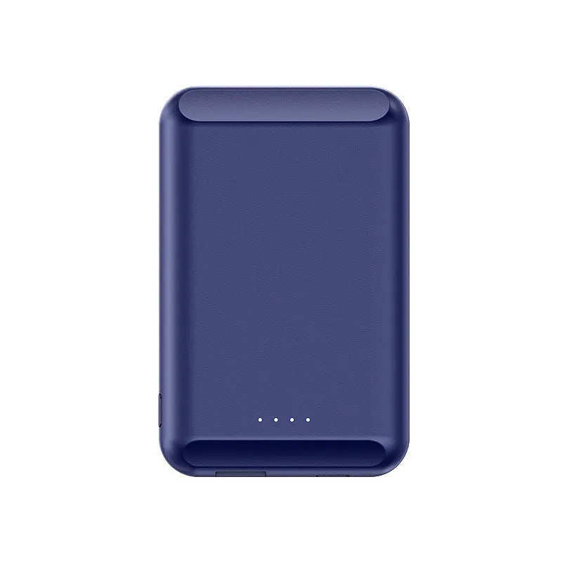 A black magnetic wireless power bank with a 5000mAh capacity, shown next to a smartphone.