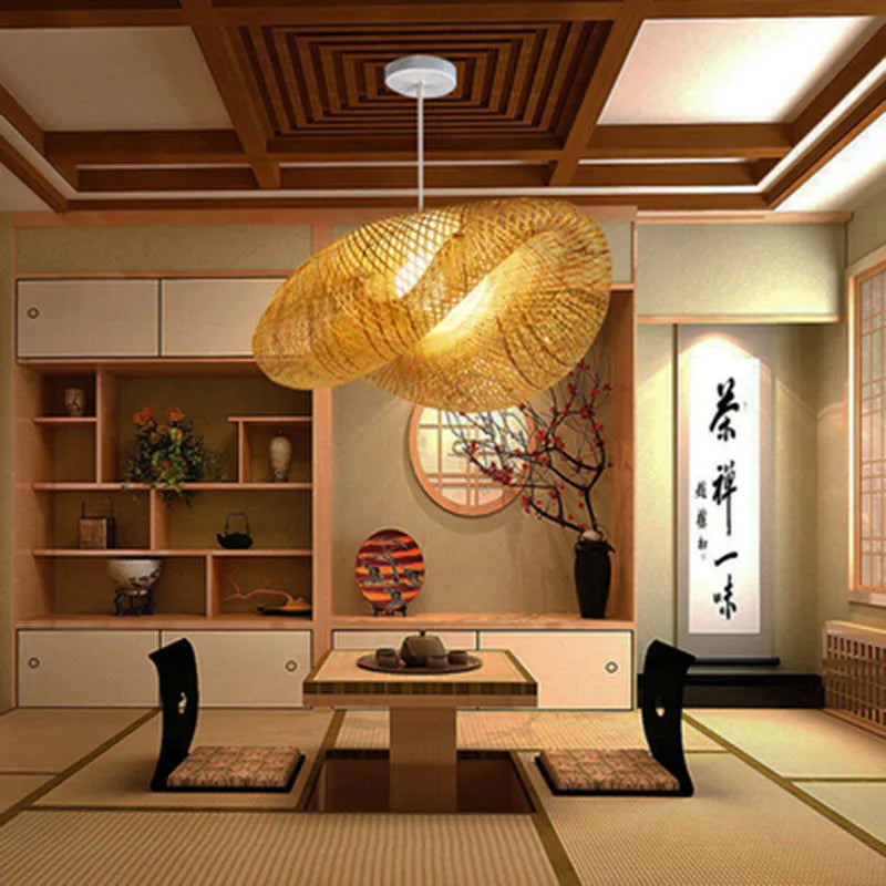 Chinese style bamboo chandelier lamp with 40cm diameter natural bamboo shell