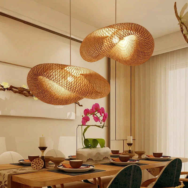 Chinese style bamboo chandelier lamp with 40cm diameter natural bamboo shell