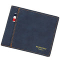 Men's tri-fold leather wallet open showing multiple card slots and cash compartment