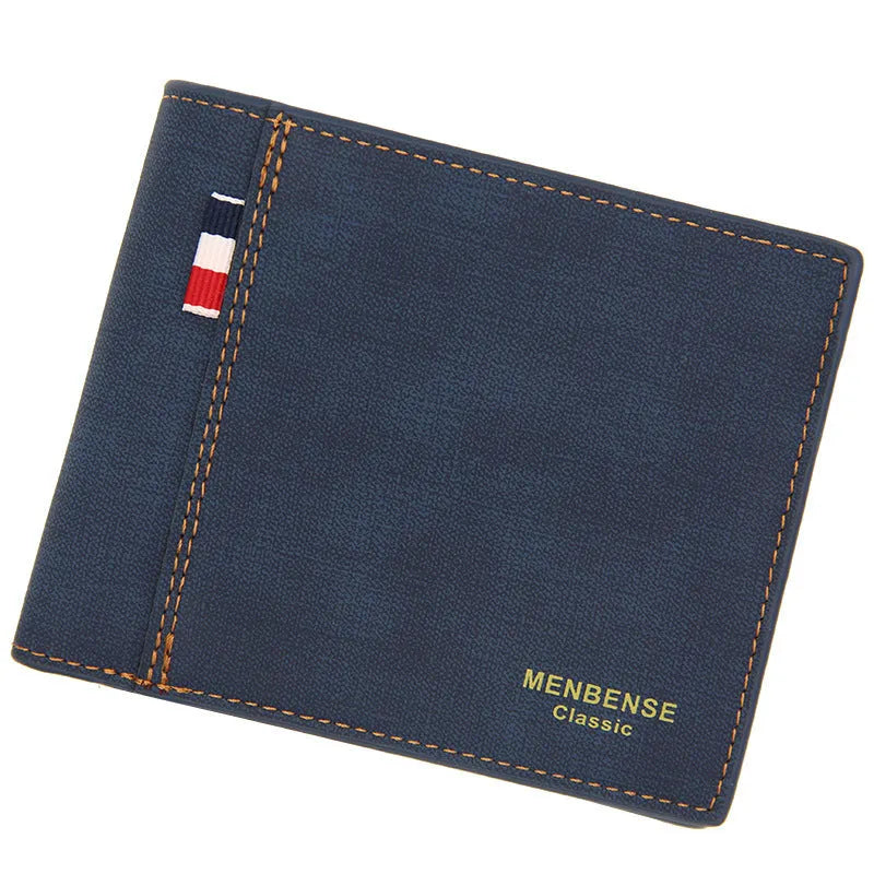 Men's tri-fold leather wallet open showing multiple card slots and cash compartment