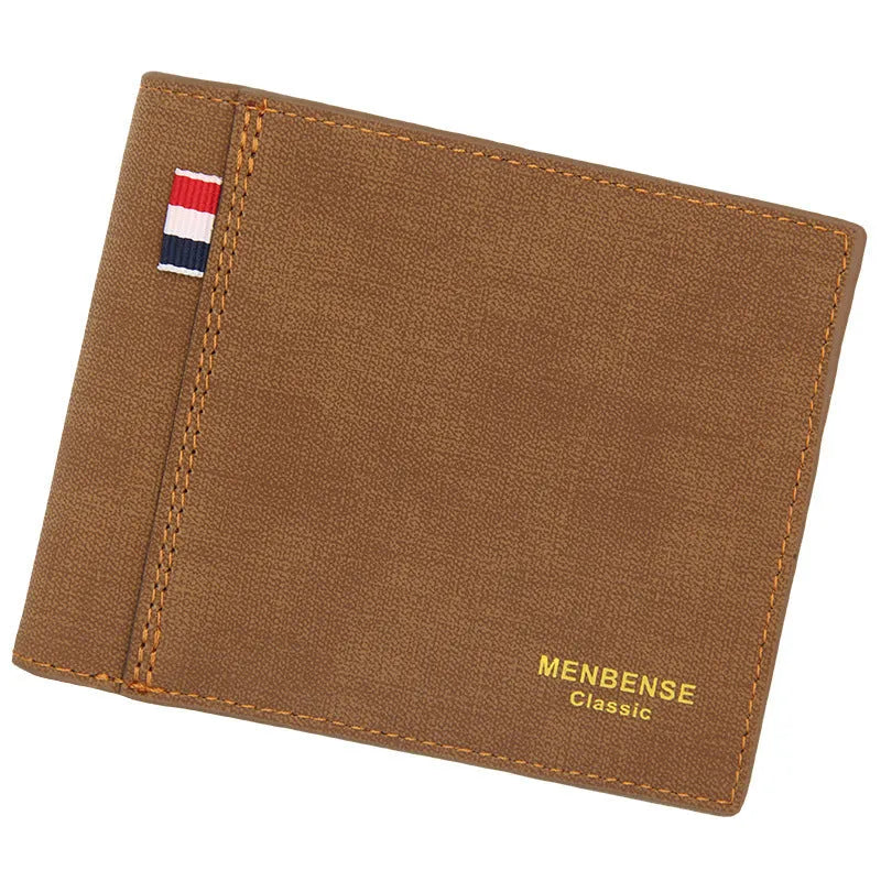 Men's tri-fold leather wallet open showing multiple card slots and cash compartment