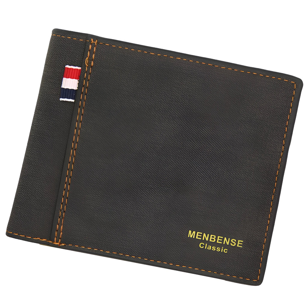 Men's tri-fold leather wallet open showing multiple card slots and cash compartment