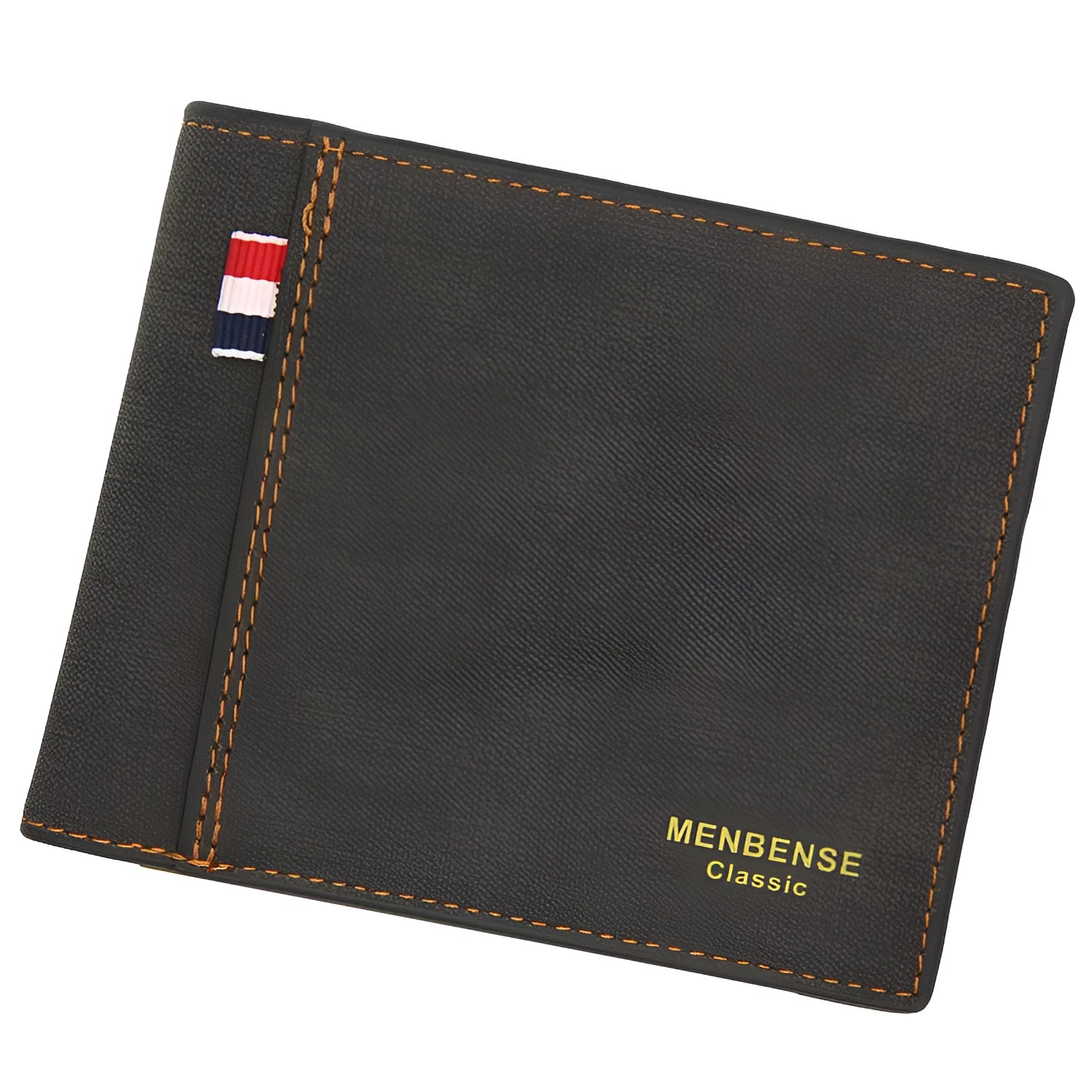 Men's tri-fold leather wallet open showing multiple card slots and cash compartment