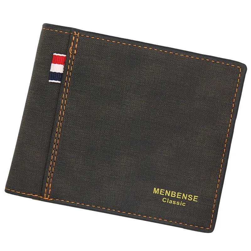 Men's tri-fold leather wallet open showing multiple card slots and cash compartment