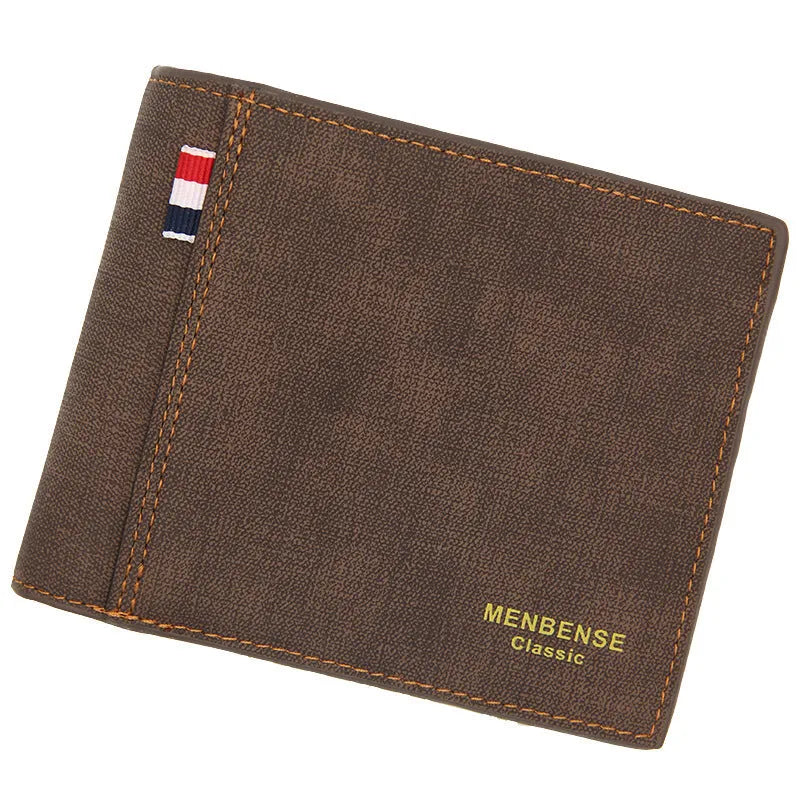 Men's tri-fold leather wallet open showing multiple card slots and cash compartment