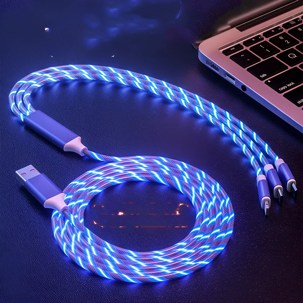 USB streamer data cable with colourful lights and three connectors for charging multiple devices.