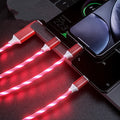 USB streamer data cable with colourful lights and three connectors for charging multiple devices.
