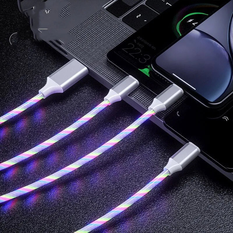 USB streamer data cable with colourful lights and three connectors for charging multiple devices.
