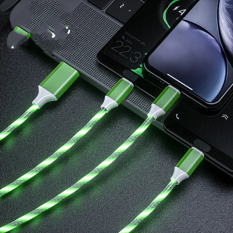 USB streamer data cable with colourful lights and three connectors for charging multiple devices.