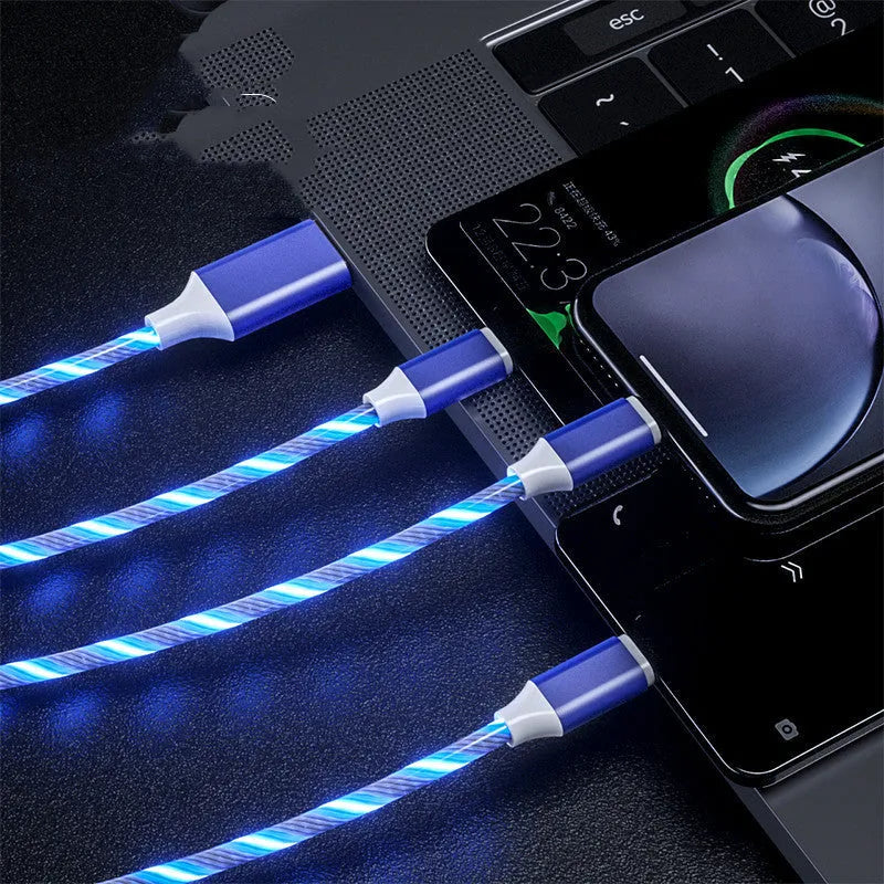 USB streamer data cable with colourful lights and three connectors for charging multiple devices.