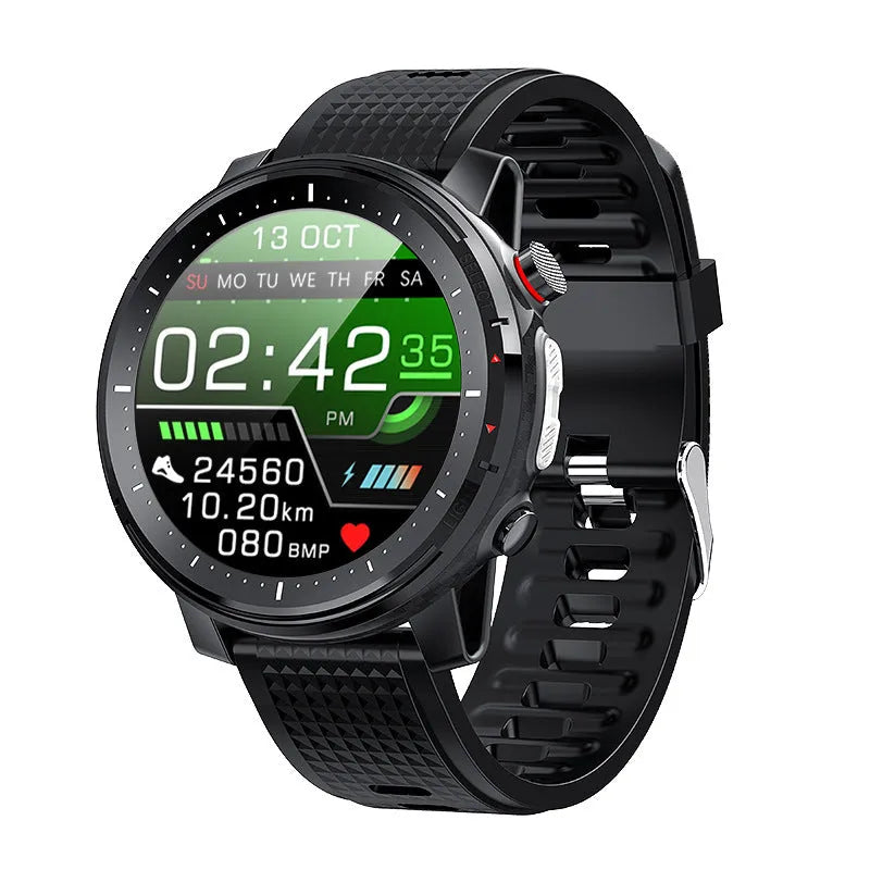 Android smart watch with round dial and silicone strap showing IP68 waterproof rating