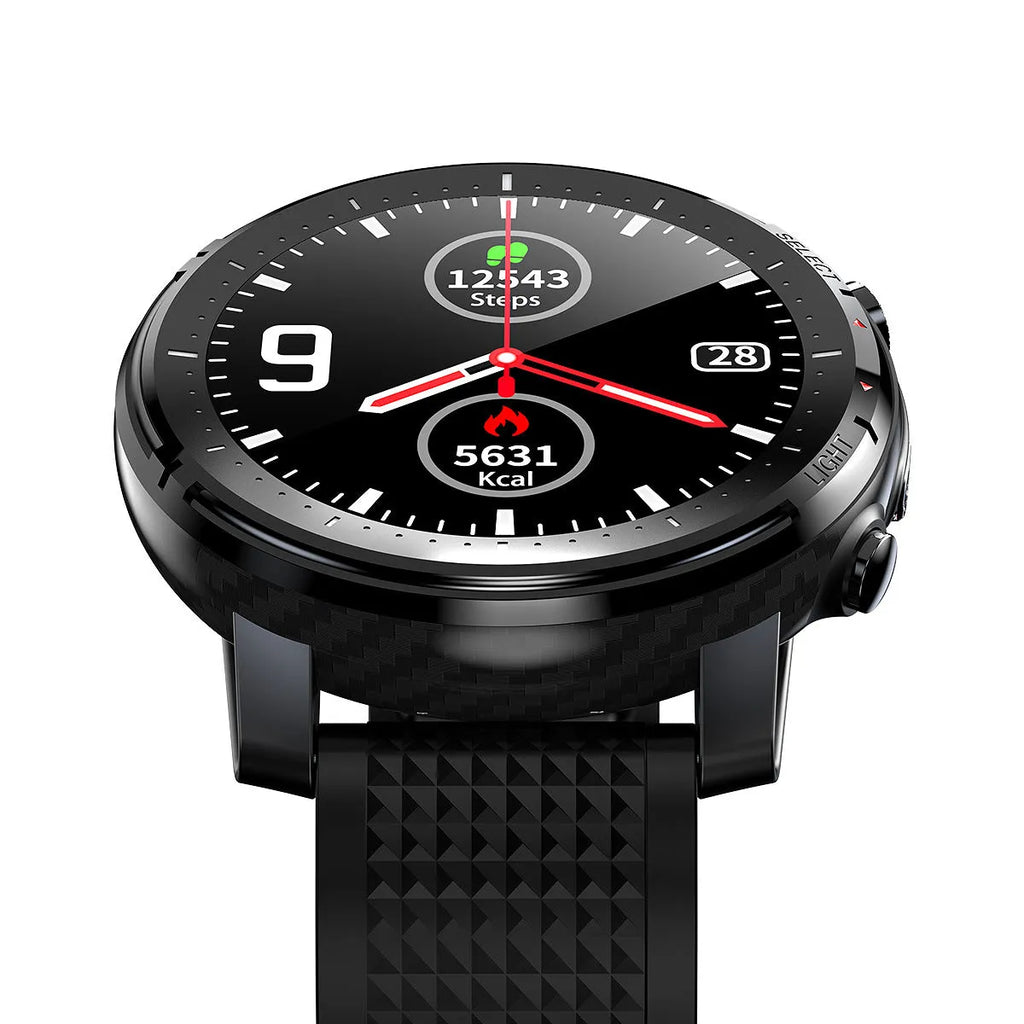Android smart watch with round dial and silicone strap showing IP68 waterproof rating