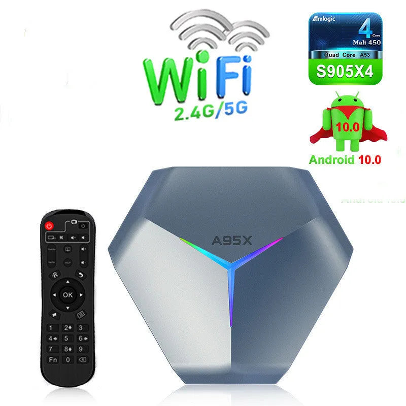 Android 8K TV set-top box with remote control and international power adapters