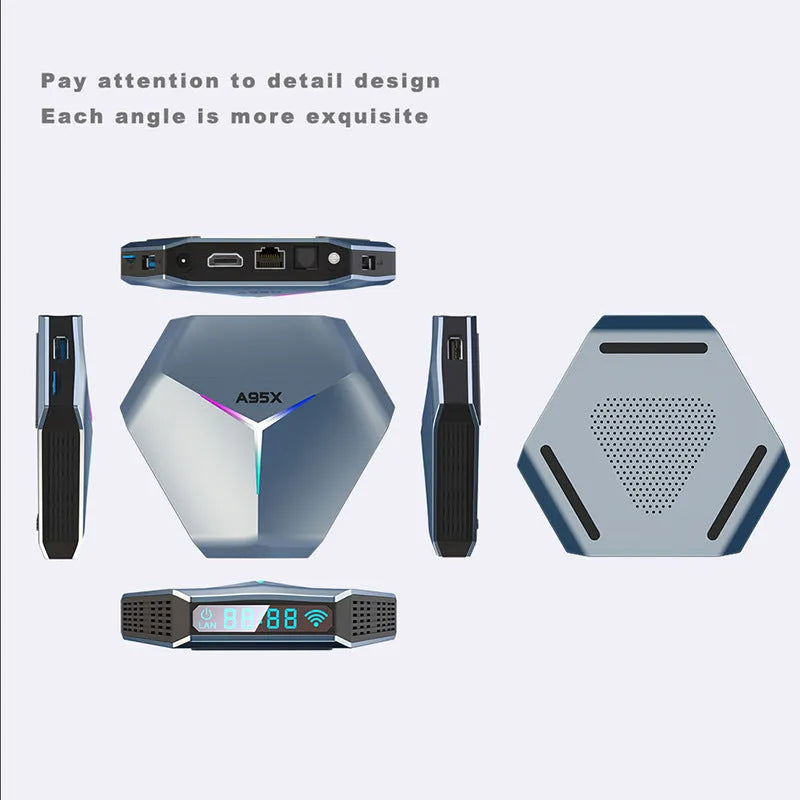 Android 8K TV set-top box with remote control and international power adapters