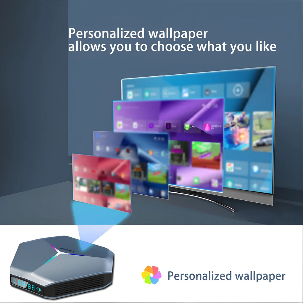Android 8K TV set-top box with remote control and international power adapters