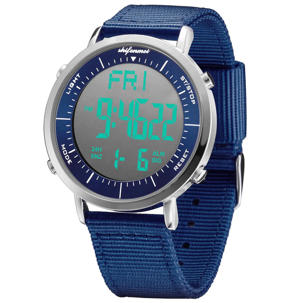 Shifenmei digital sports waterproof watch on wrist, showing casual style and digital display.