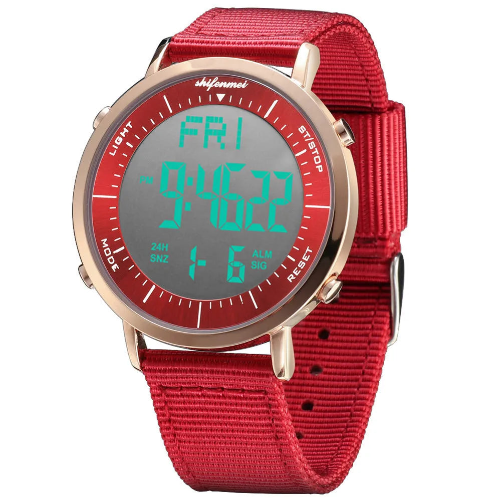 Shifenmei digital sports waterproof watch on wrist, showing casual style and digital display.