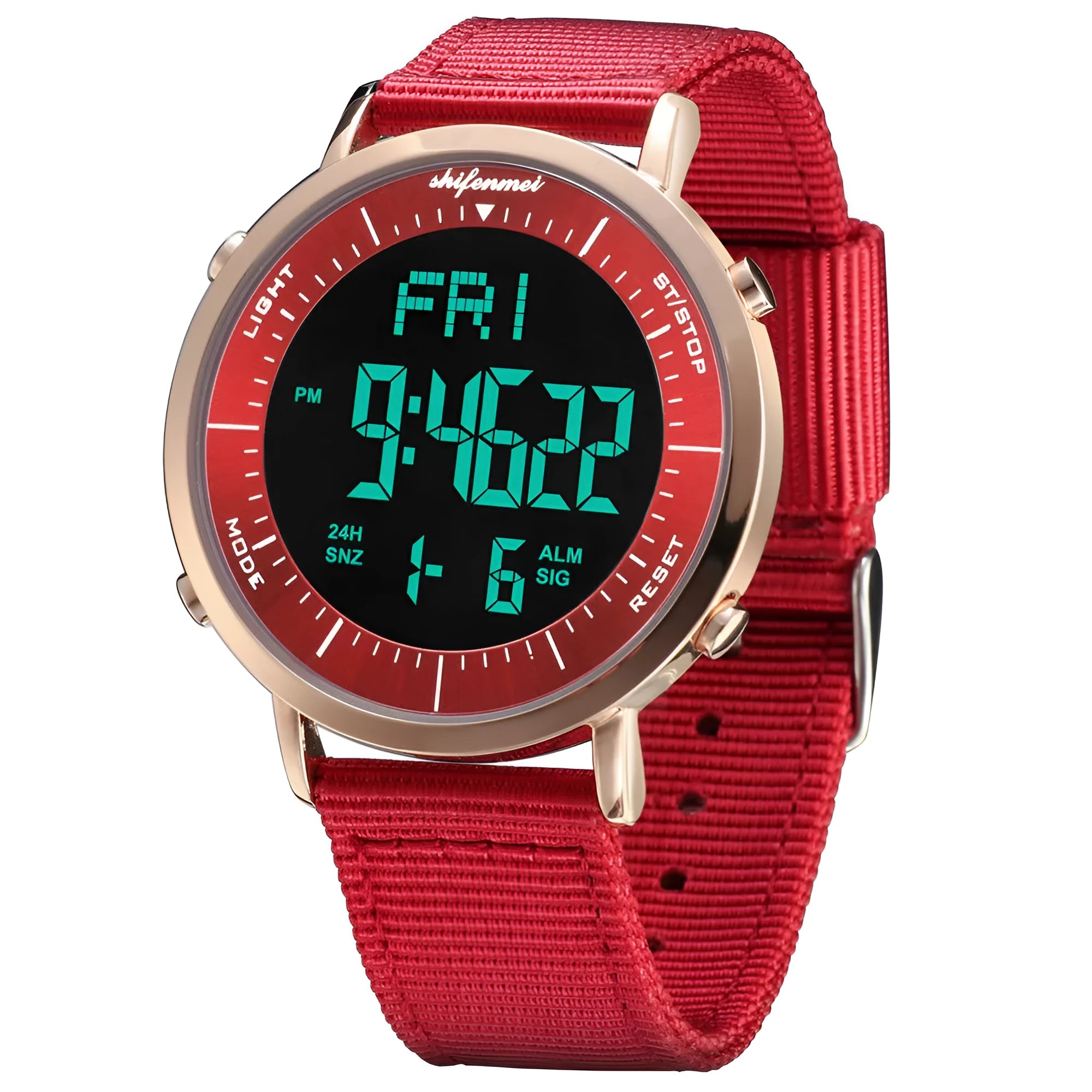 Shifenmei digital sports waterproof watch on wrist, showing casual style and digital display.