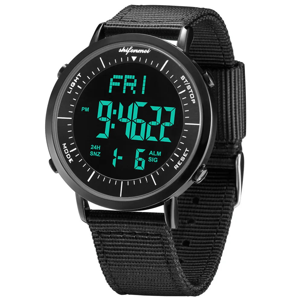 Shifenmei digital sports waterproof watch on wrist, showing casual style and digital display.