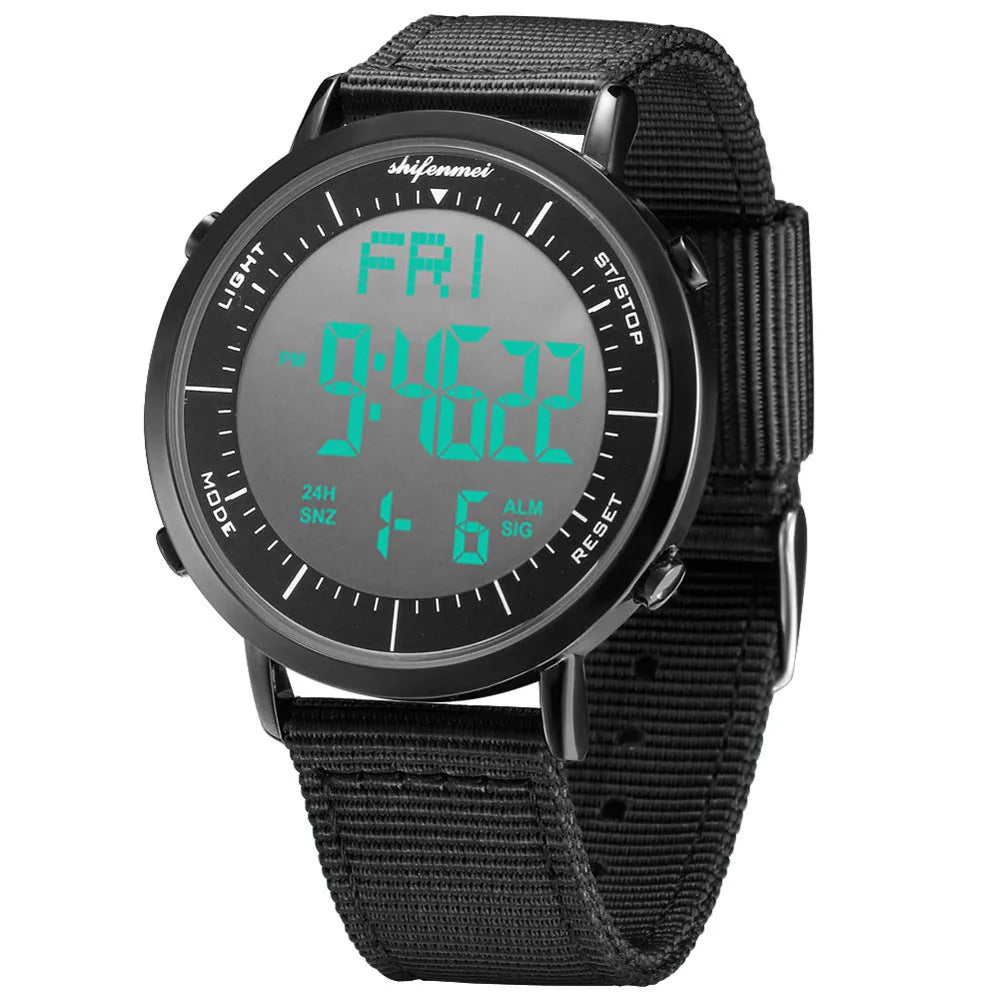 Shifenmei digital sports waterproof watch on wrist, showing casual style and digital display.