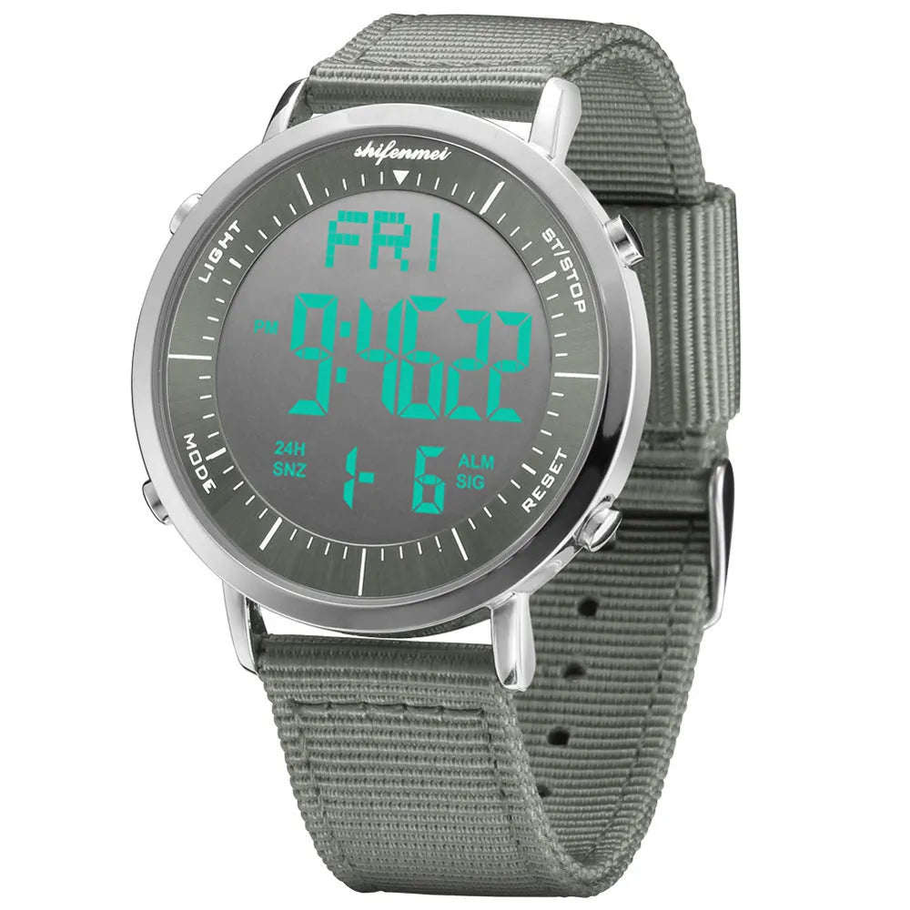 Shifenmei digital sports waterproof watch on wrist, showing casual style and digital display.
