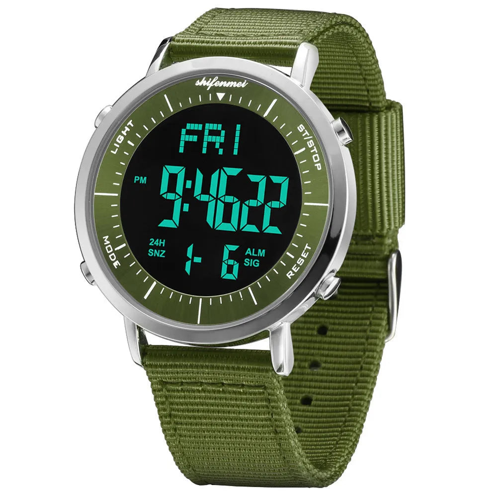Shifenmei digital sports waterproof watch on wrist, showing casual style and digital display.
