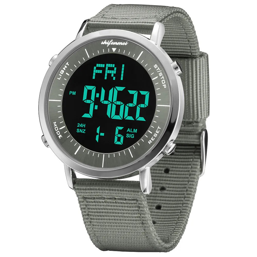 Shifenmei digital sports waterproof watch on wrist, showing casual style and digital display.