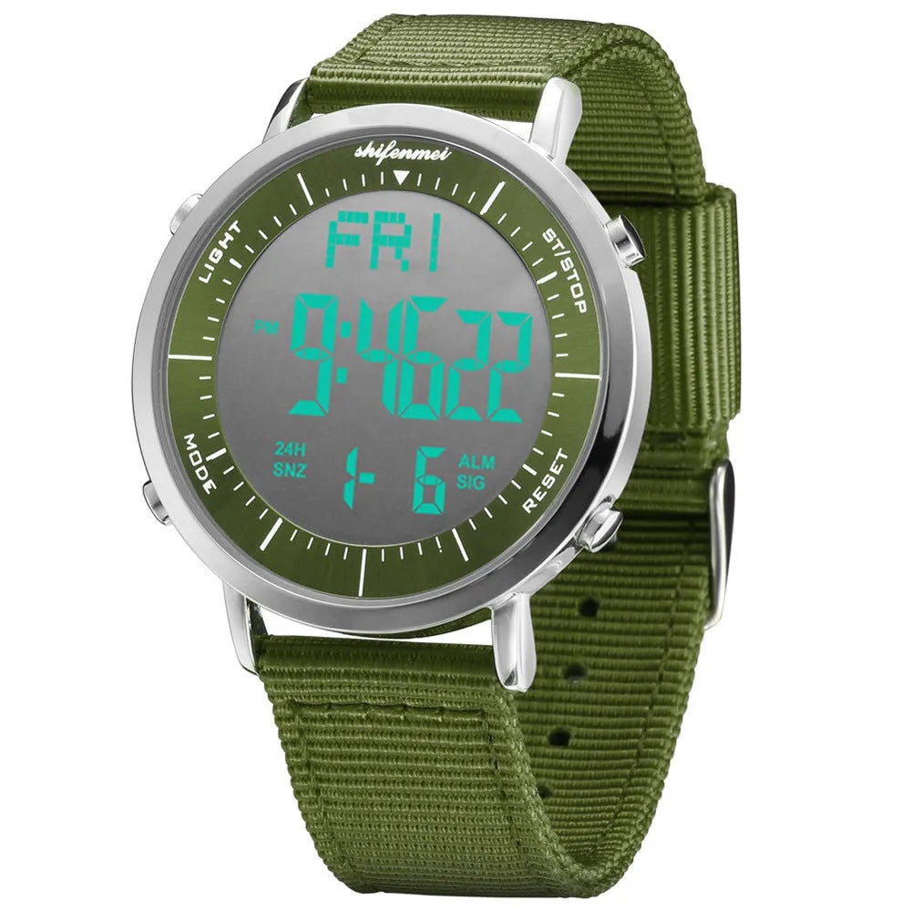 Shifenmei digital sports waterproof watch on wrist, showing casual style and digital display.