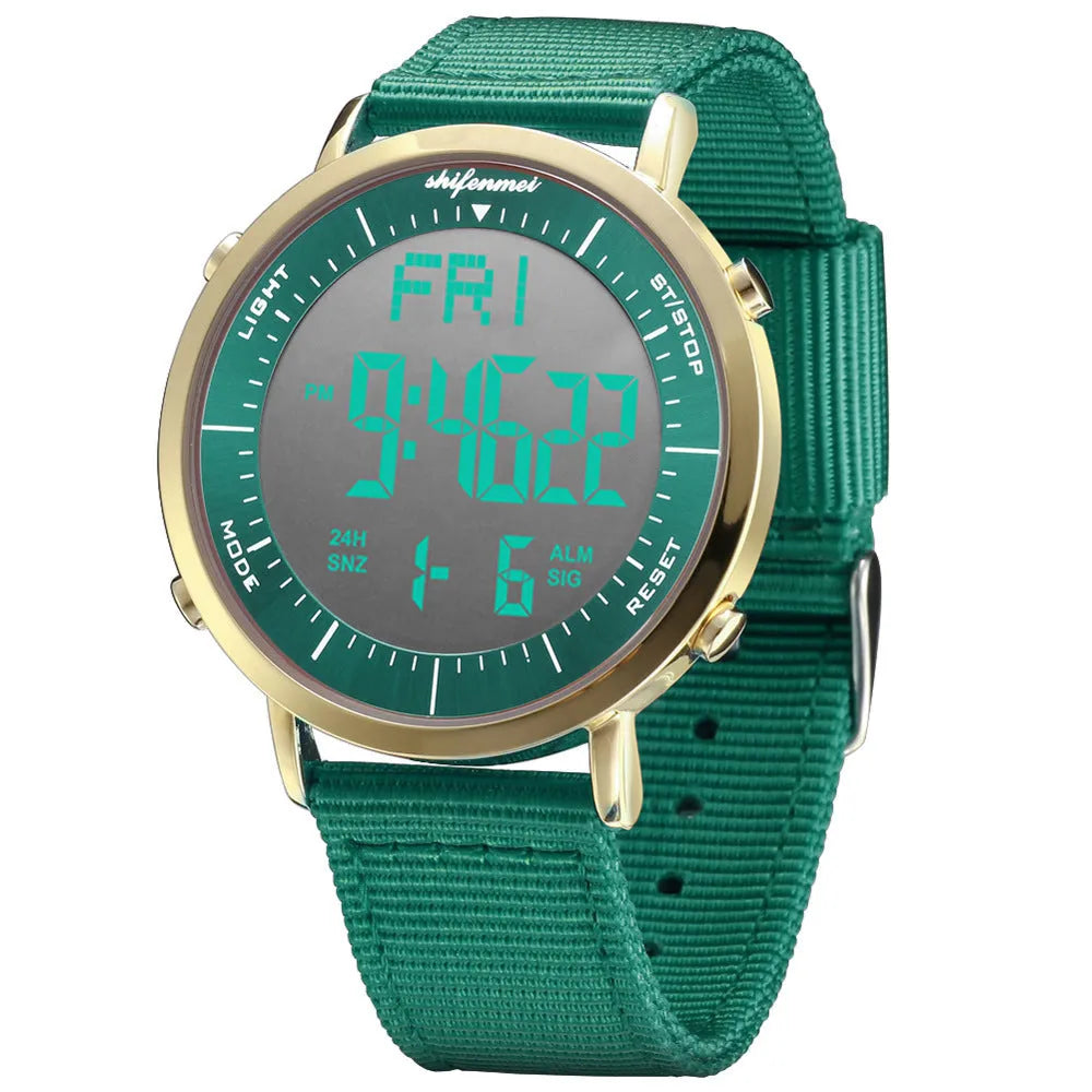 Shifenmei digital sports waterproof watch on wrist, showing casual style and digital display.
