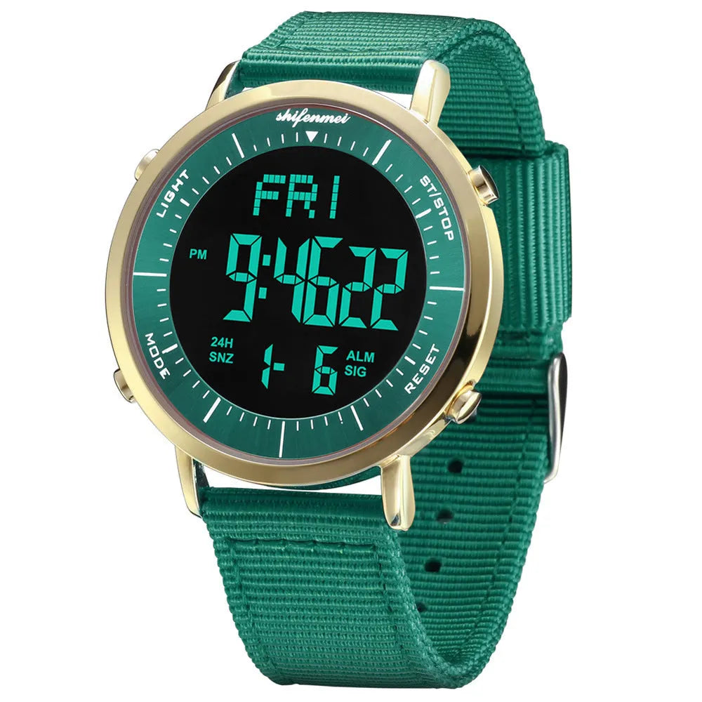 Shifenmei digital sports waterproof watch on wrist, showing casual style and digital display.