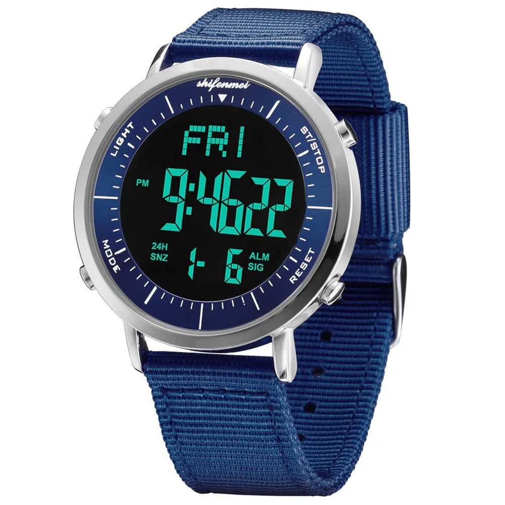 Shifenmei digital sports waterproof watch on wrist, showing casual style and digital display.