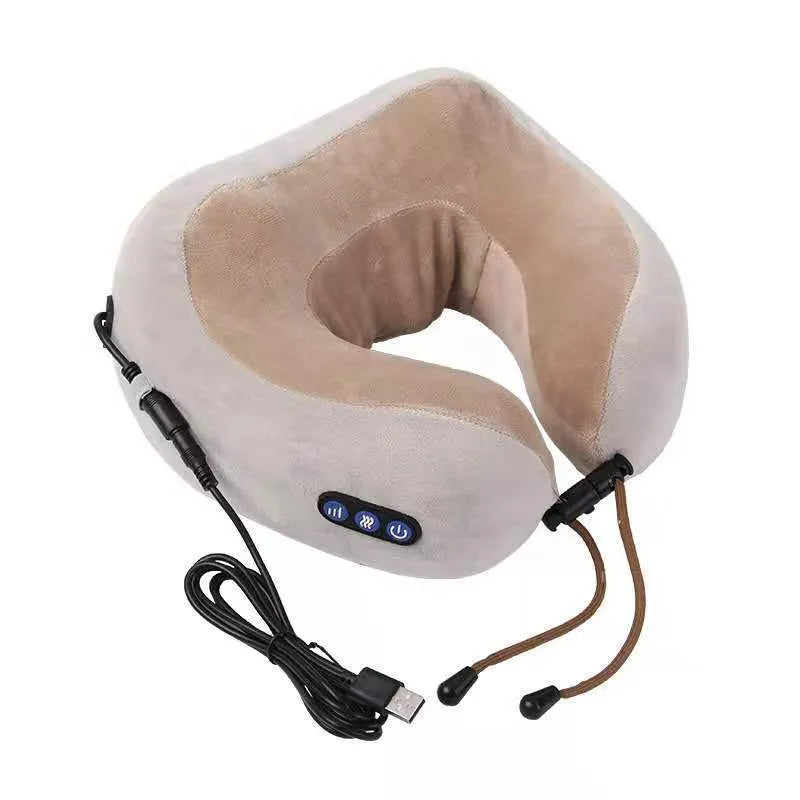 Brown U-shaped electric neck massage pillow with heating function