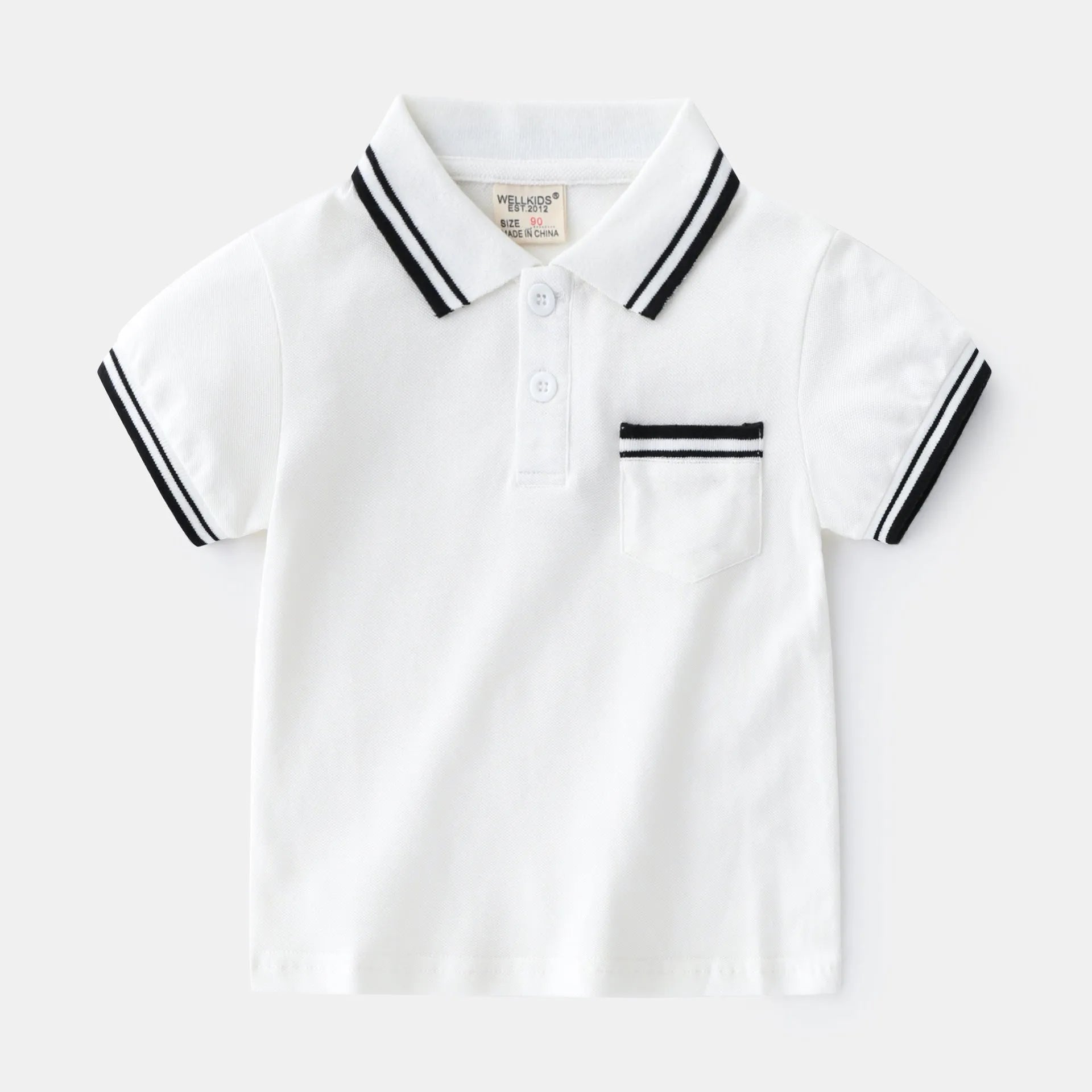 Boys' white cotton polo t-shirt with short sleeves and round neck for summer wear