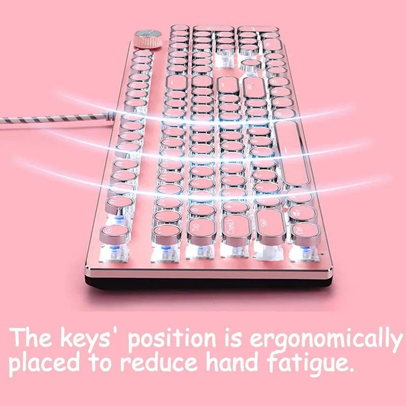 Queen Lipstick mechanical keyboard with green switches, silver base, pink accents, and white backlighting