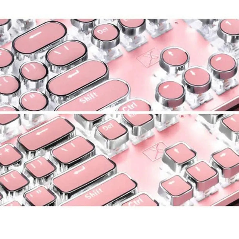 Queen Lipstick mechanical keyboard with green switches, silver base, pink accents, and white backlighting