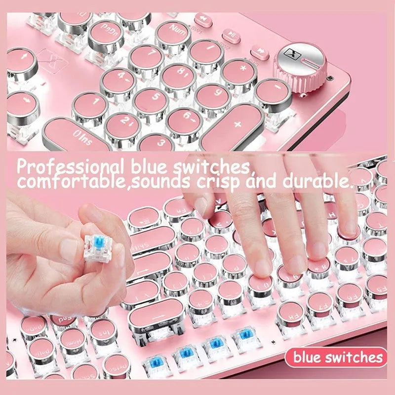 Queen Lipstick mechanical keyboard with green switches, silver base, pink accents, and white backlighting