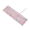 Queen Lipstick mechanical keyboard with green switches, silver base, pink accents, and white backlighting