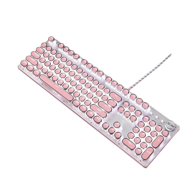 Queen Lipstick mechanical keyboard with green switches, silver base, pink accents, and white backlighting
