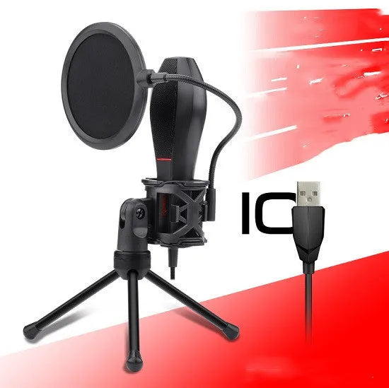 Black USB broadcast microphone with wired connection for streaming and gaming commentary