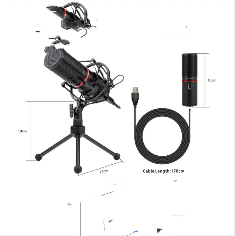 Black USB broadcast microphone with wired connection for streaming and gaming commentary