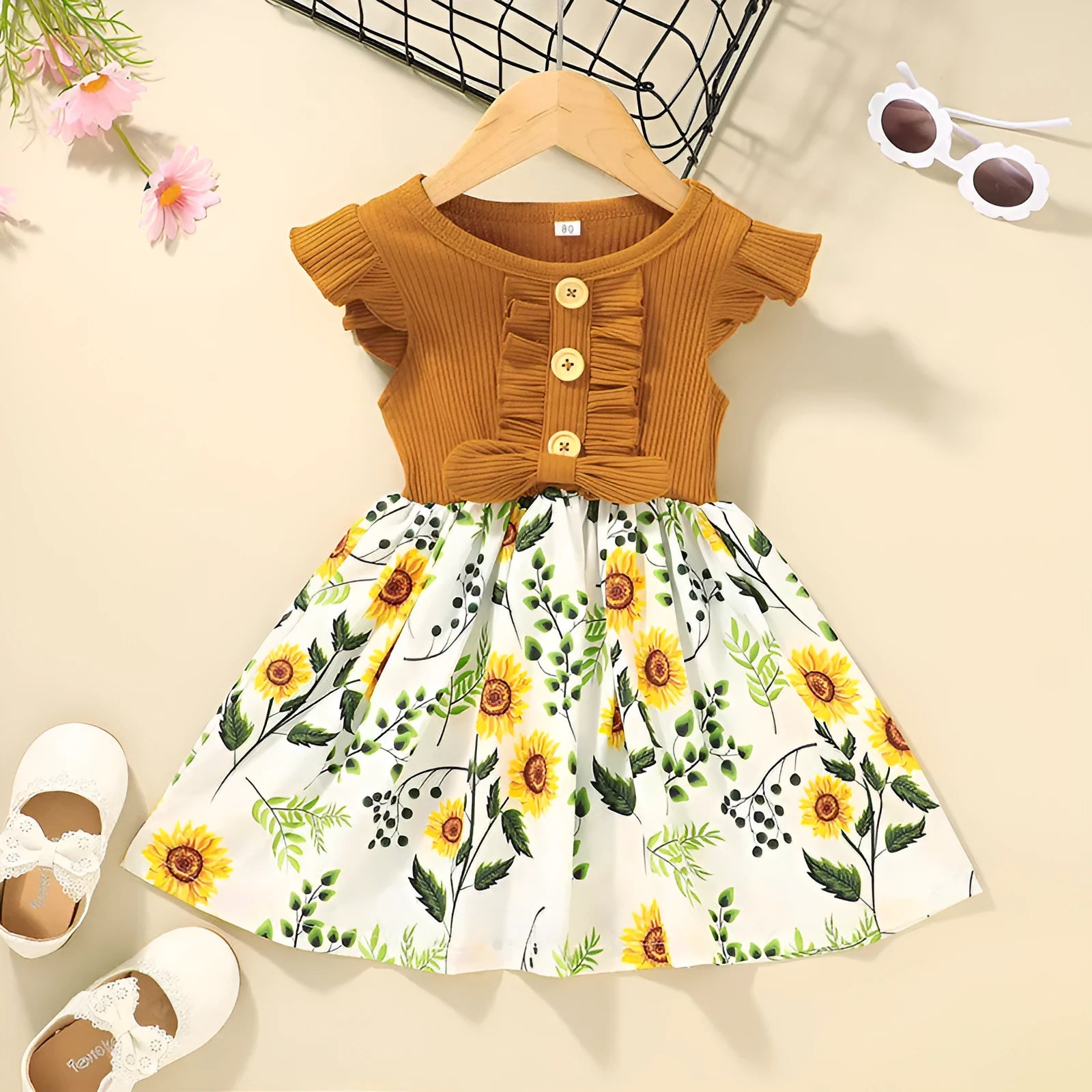 Toddler girl's sleeveless summer dress in cotton blend material showing colour options